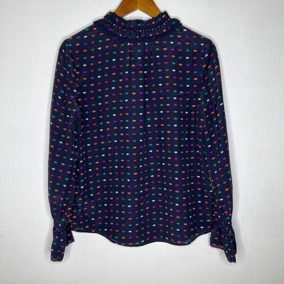 J Crew Women's Navy Ruffle Neck Blouse 2 Silk Colorful Polka Dot Print - Picture 6 of 8